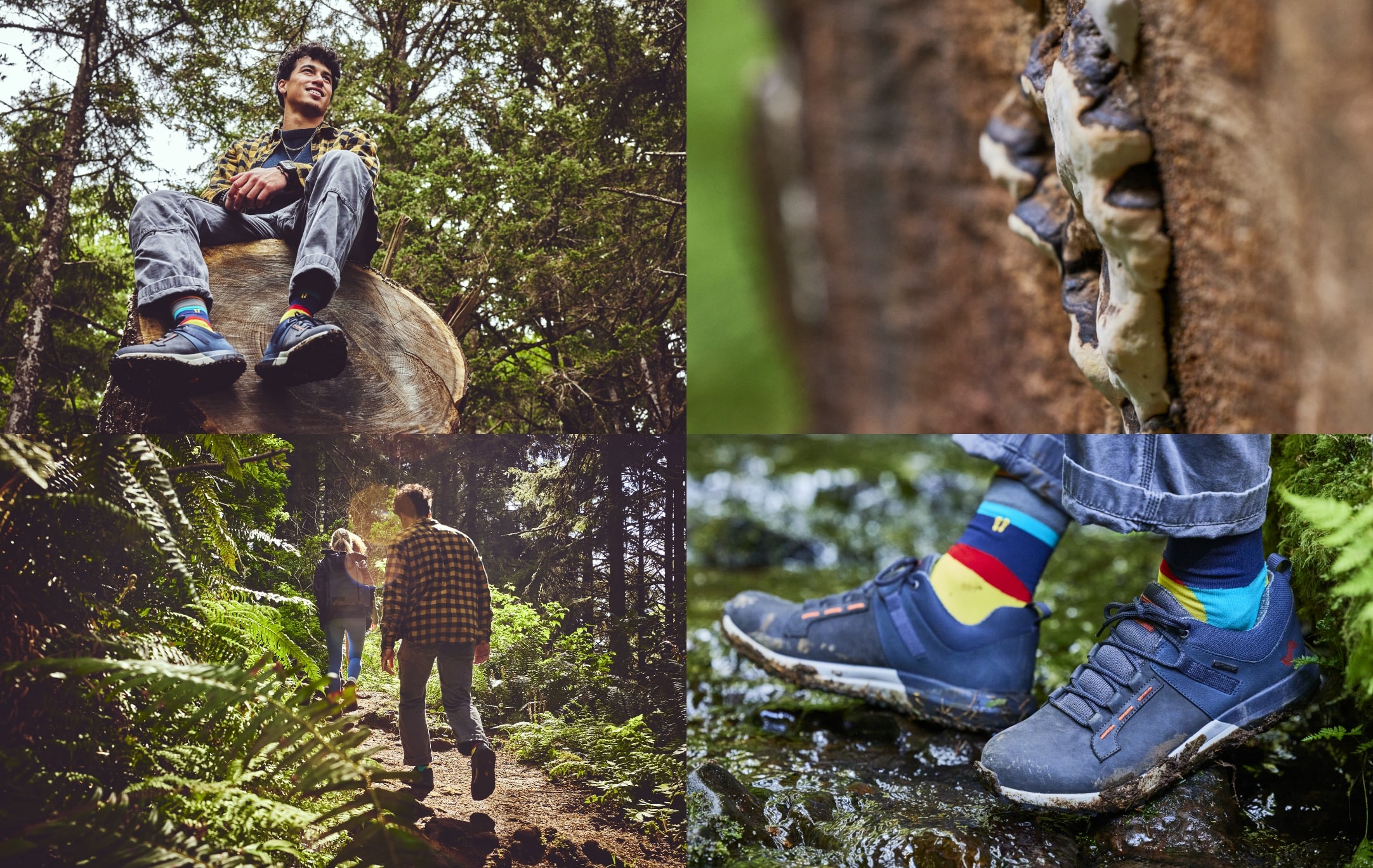 Click to shop the men's Range Low. Images feature shots of the shoe in gunmetal on an adventure in the woods.
