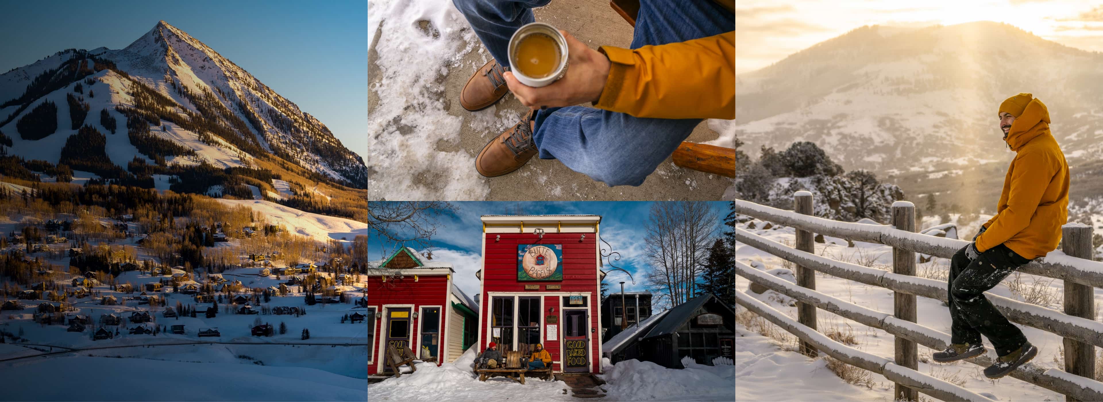 Images feature a snowy mountain town with a man exploring.
