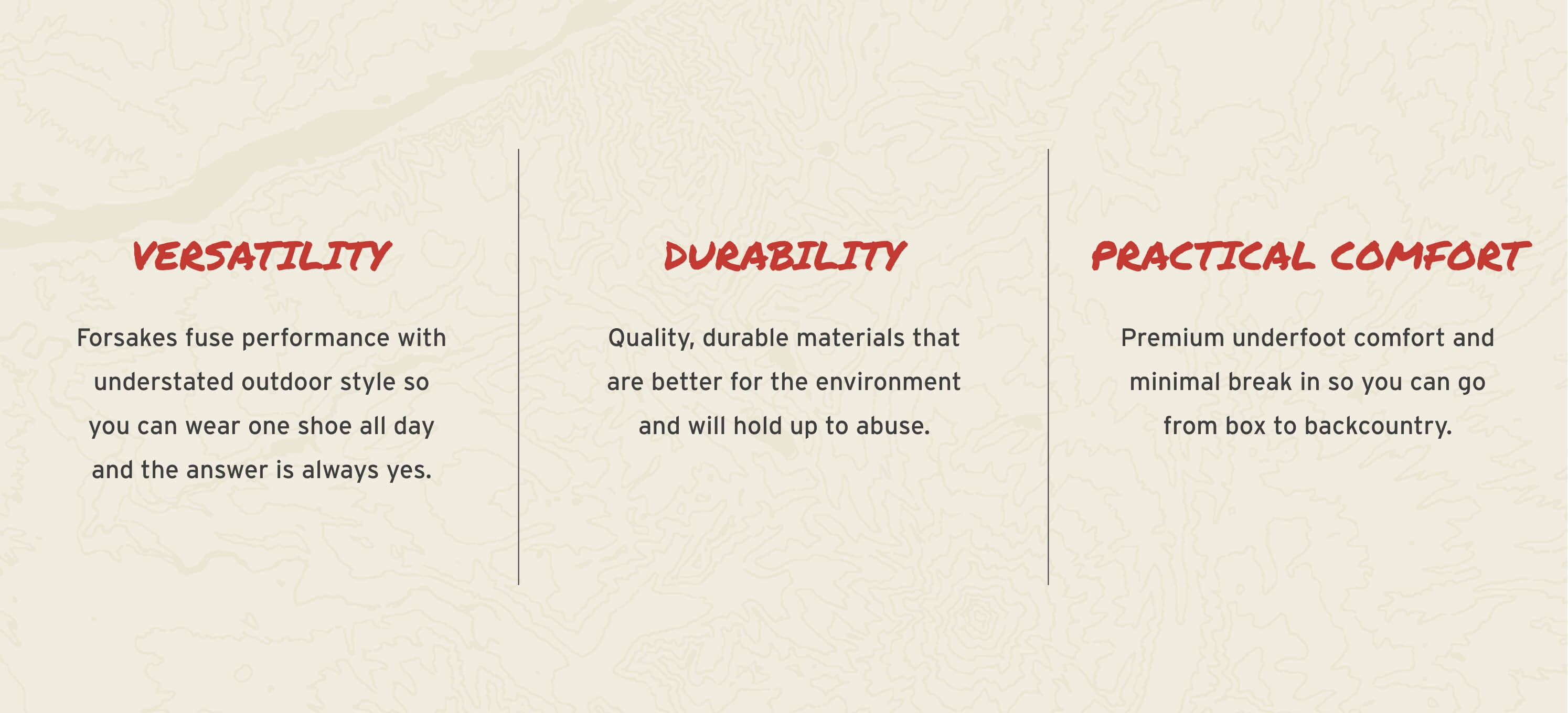 Forsake's versatility, durability and practical comfort are just a couple of the reasons you should shop our shoes. Click to read more. 