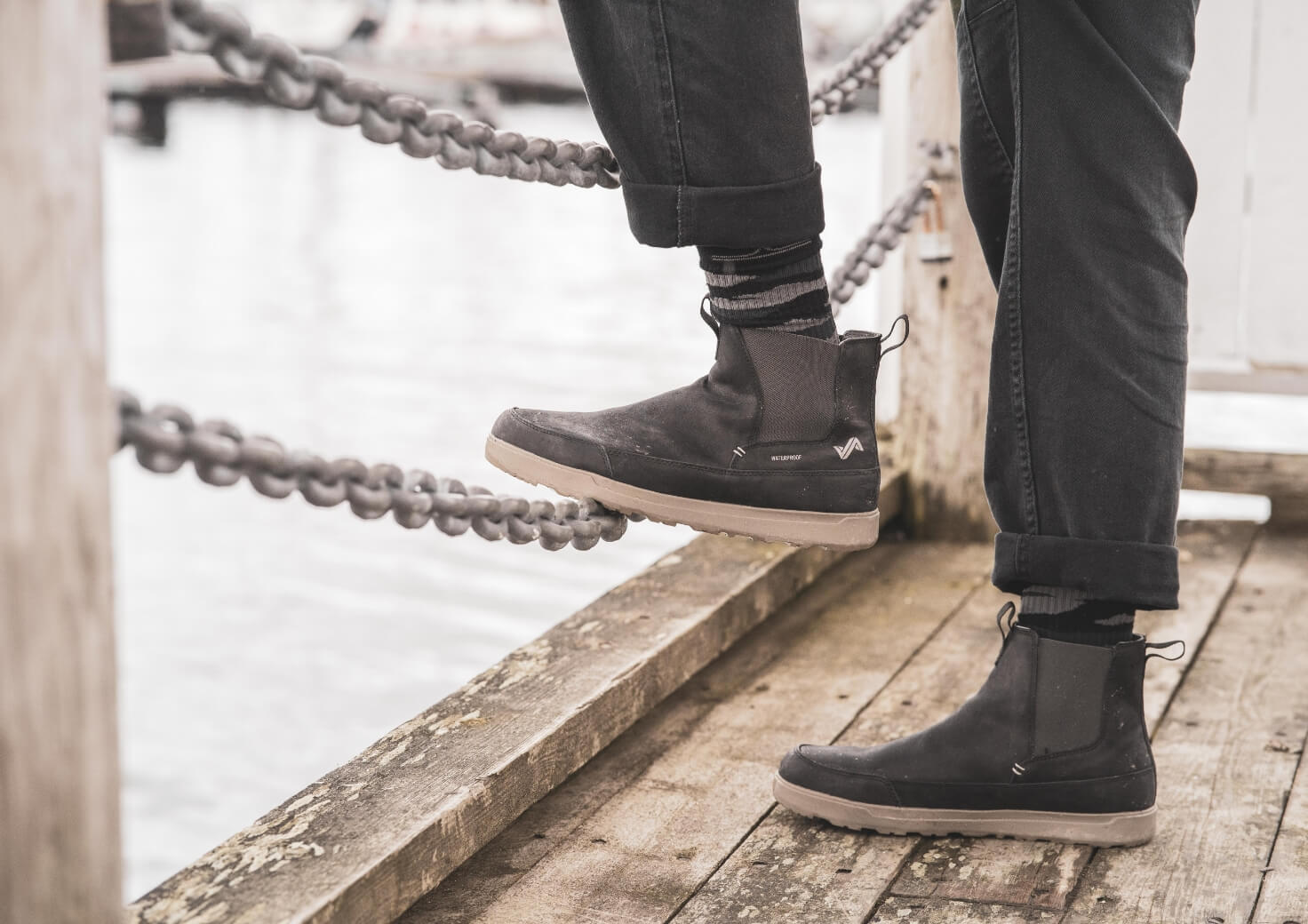 Shop Forsake men's featuring the Phil Chelsea on a pier.